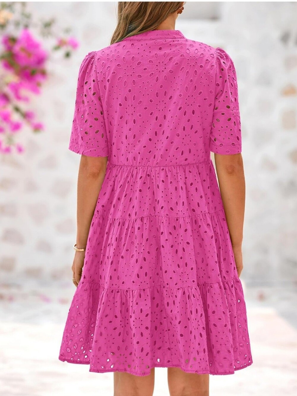 Women's Pink Embroidered Eyelet Lace Tiered Babydoll Dress- Full & Plus Sizes - Picture 4 of 9